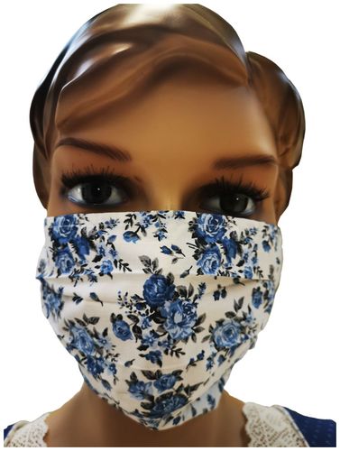 Mund-Nasen-Maske aus Baumwolle mit Gummiband, grob geblümt - blau